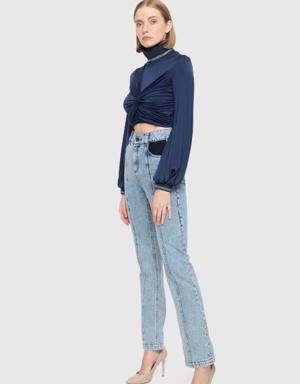 Neck And Sleeves Knitwear Ruffle Detailed Navy Blue Jersey Crop Top