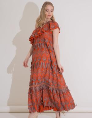 One Shoulder Ruffle Orange Long Embroidery Dress