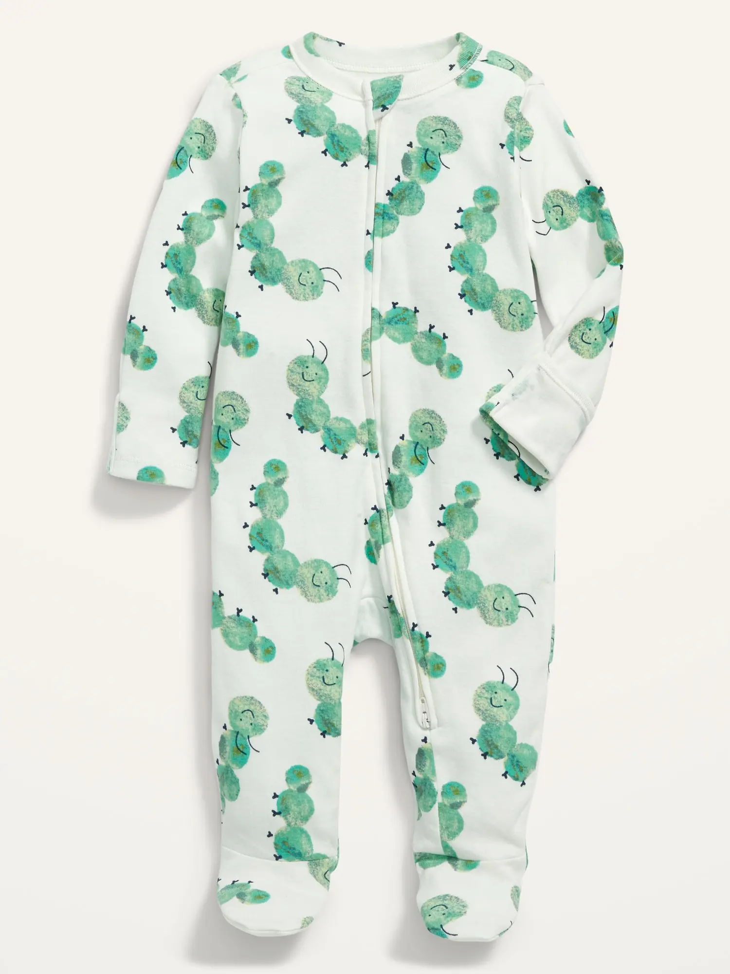 Old Navy Unisex Caterpillar Print Sleep & Play 2-Way Zip Footed One-Piece for Baby green. 1