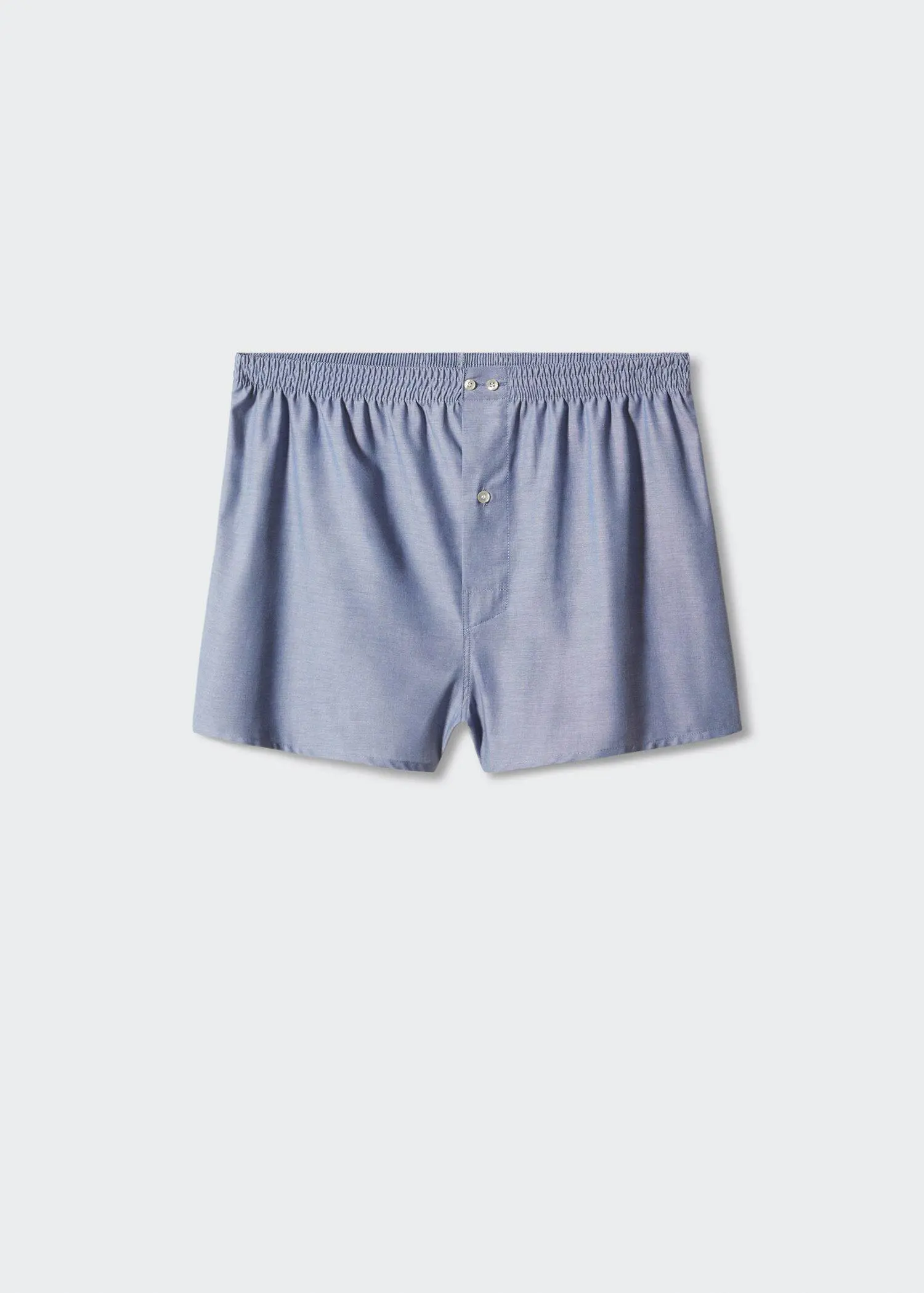 Mango 100% cotton plain briefs. a pair of blue boxers are on a white background. 