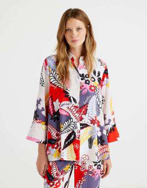 Kadın Pembe Mix Tropical Desenli Oversize Gömlek