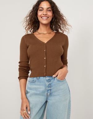 Long-Sleeve Cropped Rib-Knit Cardigan Sweater for Women brown