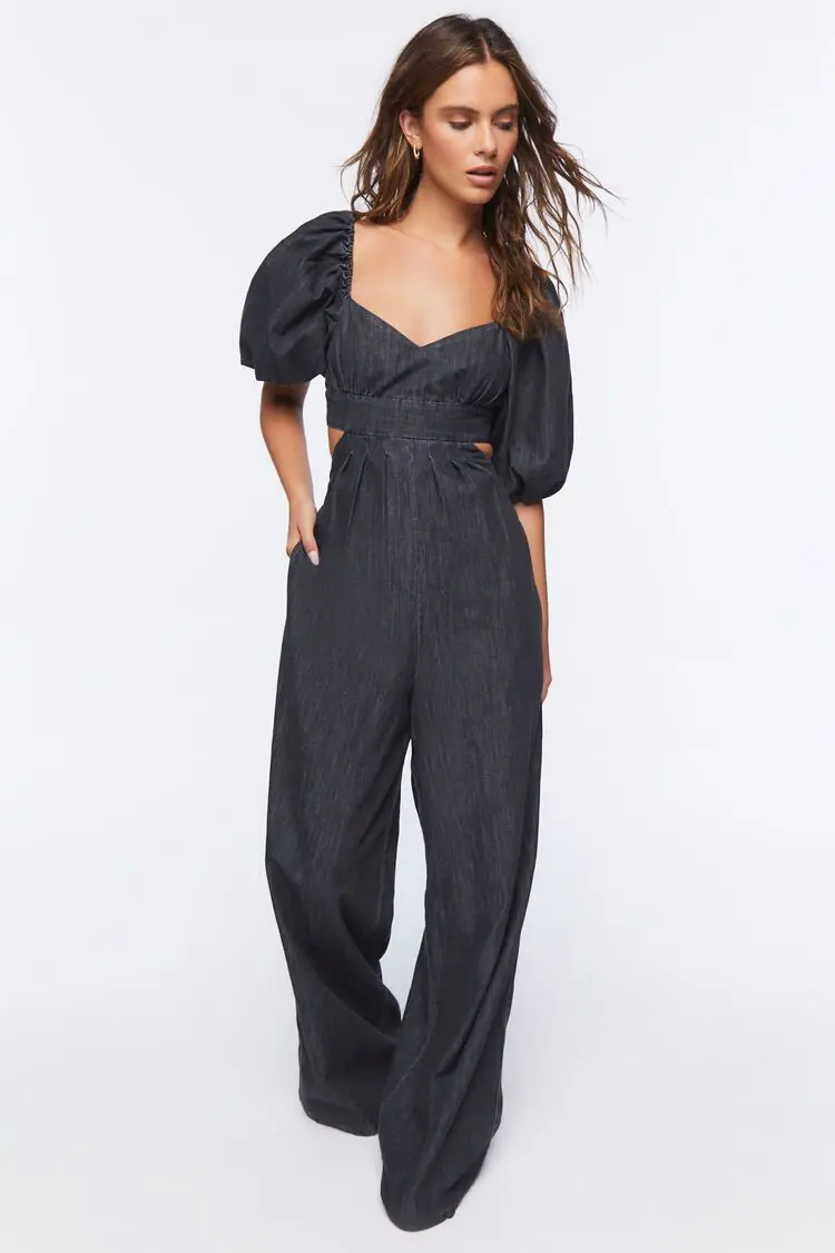 Forever 21 Forever 21 Denim Cutout Wide Leg Jumpsuit Charcoal. 1