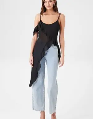 Forever 21 Sheer Asymmetrical Flounce Cami Black