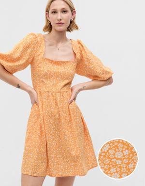 Linen-Blend Puff Sleeve Mini Dress orange