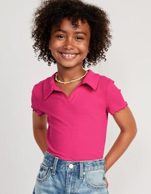 Rib-Knit Collared Lettuce-Edge Shirt for Girls pink