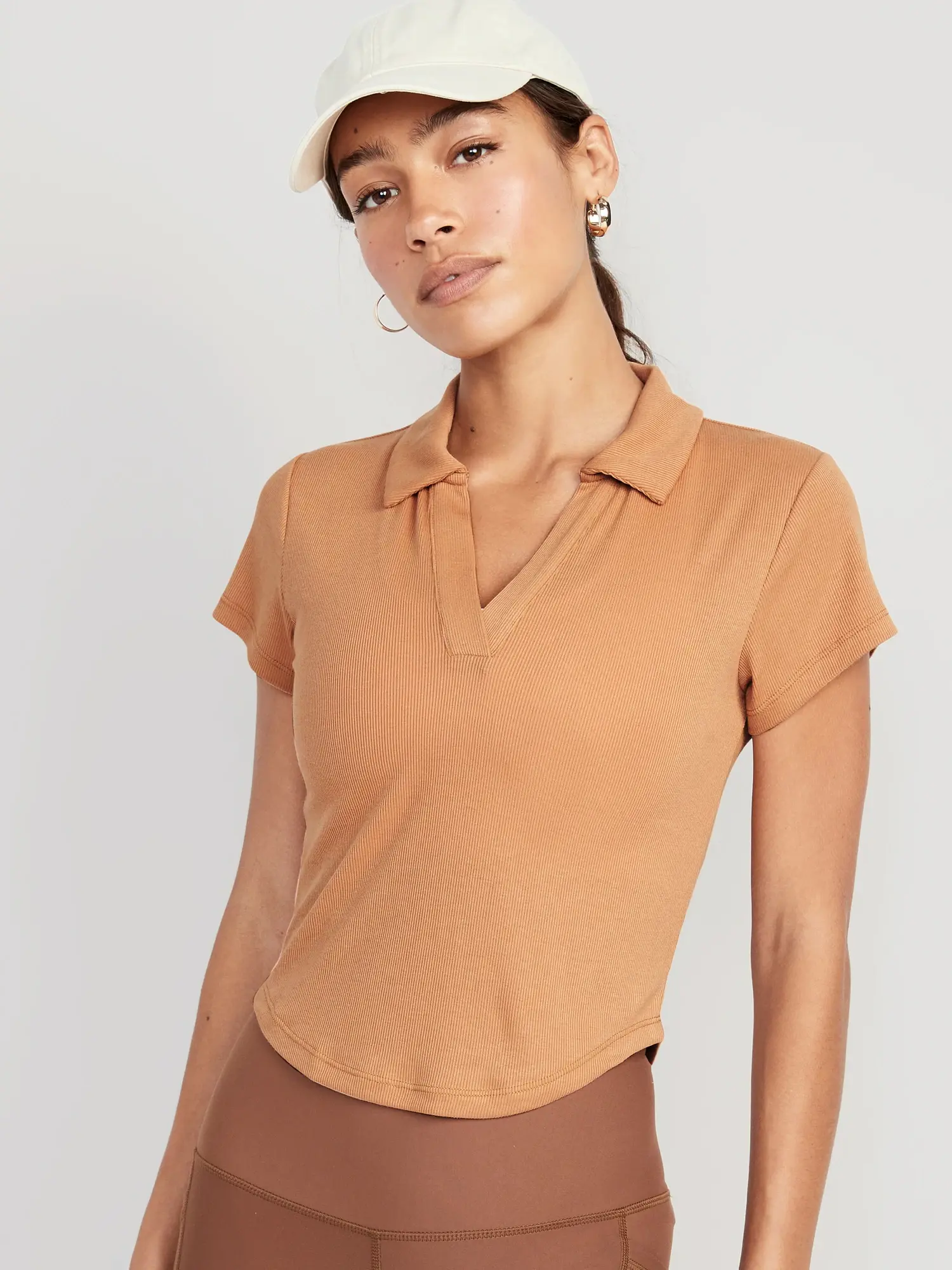 Old Navy UltraLite Rib-Knit Cropped Polo Shirt brown. 1