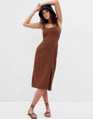 Linen-Blend Tie-Back Corset Midi Dress brown