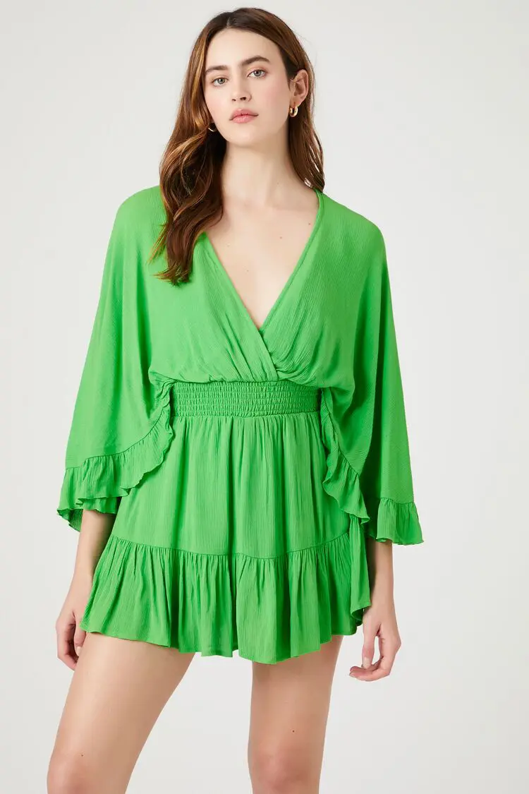 Forever 21 Forever 21 Surplice Angel Sleeve Romper Green. 1