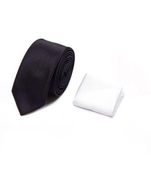 Siyah Basic Micro Saten İkili Kravat Mendil Set