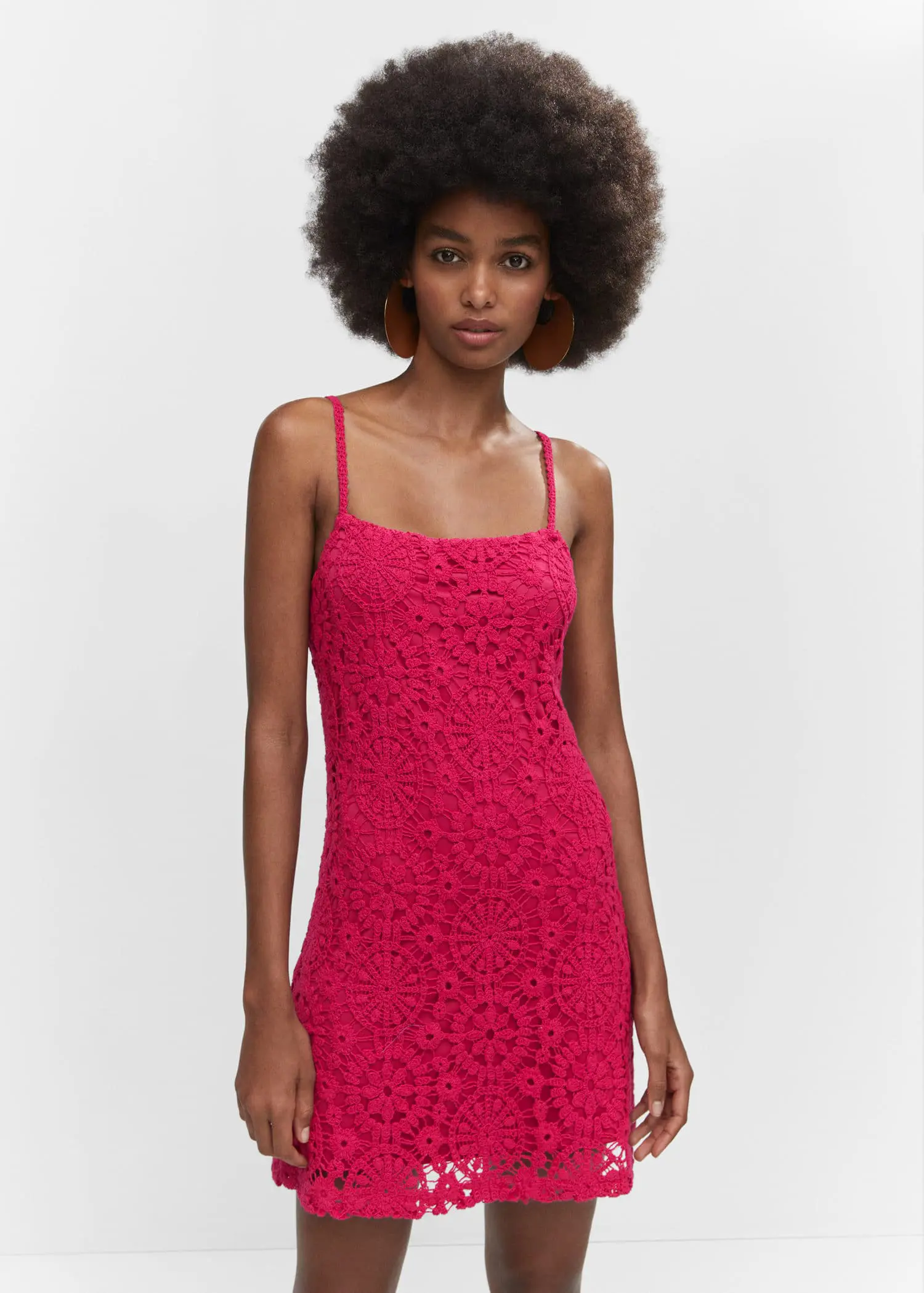 Mango Crochet short dress. a woman in a red dress posing for a picture. 