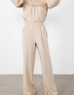 Beige Trousers with Embroidery and Button Detail