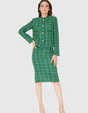 Stone Button Detailed Checkered Tweed Green Suit