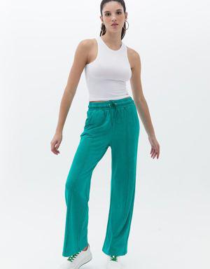 Yeşil Yüksek Bel Batik Yıkamalı Pantolon