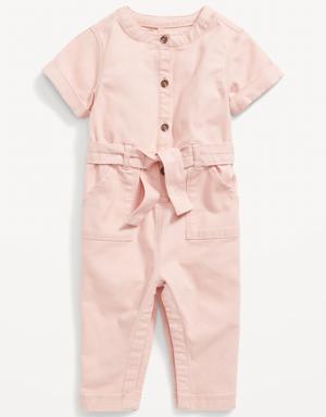 Short-Sleeve Canvas Belted Utility One-Piece for Baby pink