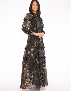 Ruffle Detailed Lace Collar Long Patterned Chiffon Dress