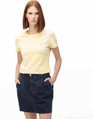 Kadın Slim Fit Bisiklet Yaka Çizgili Sarı T-Shirt