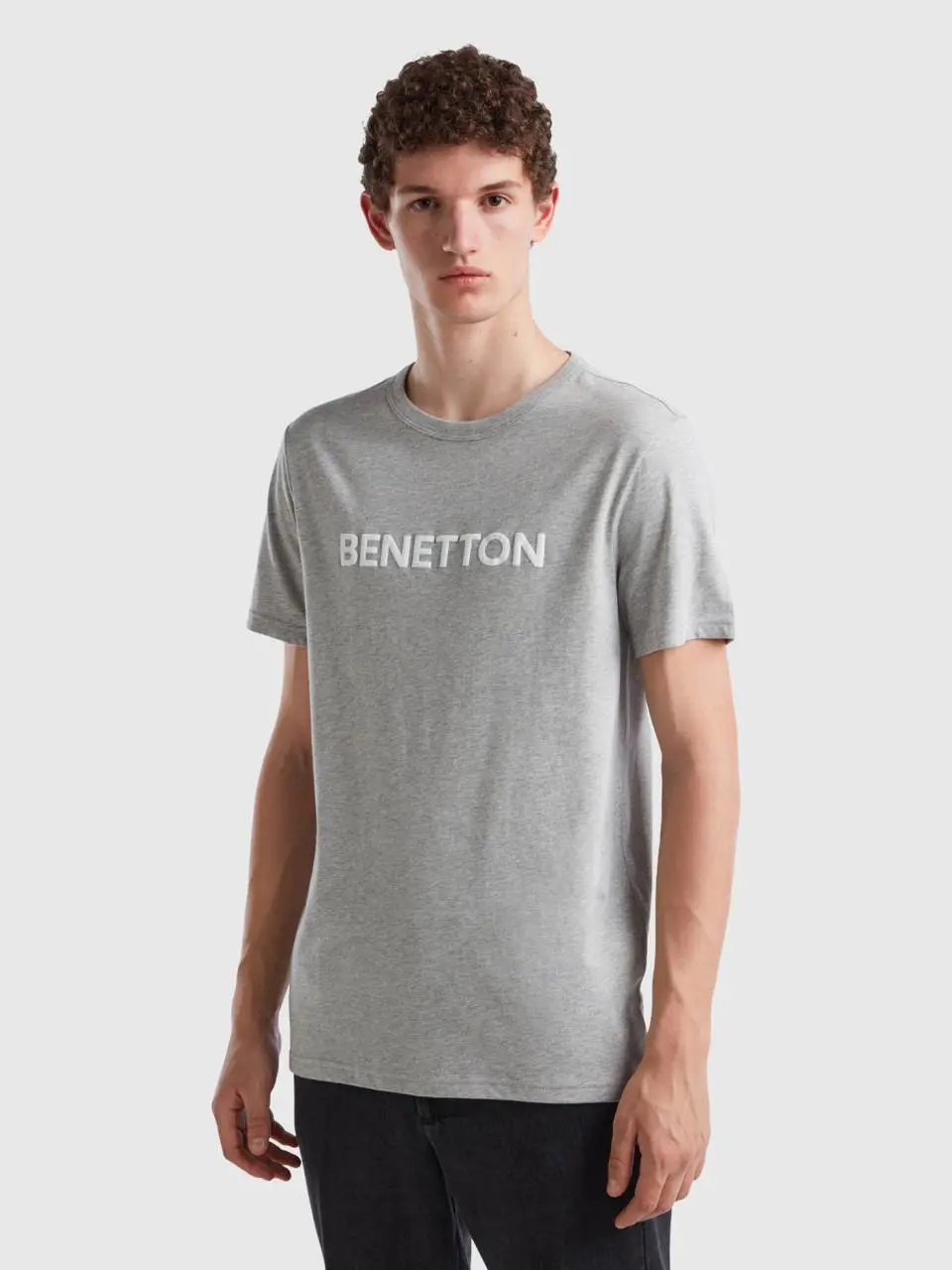 Benetton gray t-shirt in organic cotton with logo print. 1