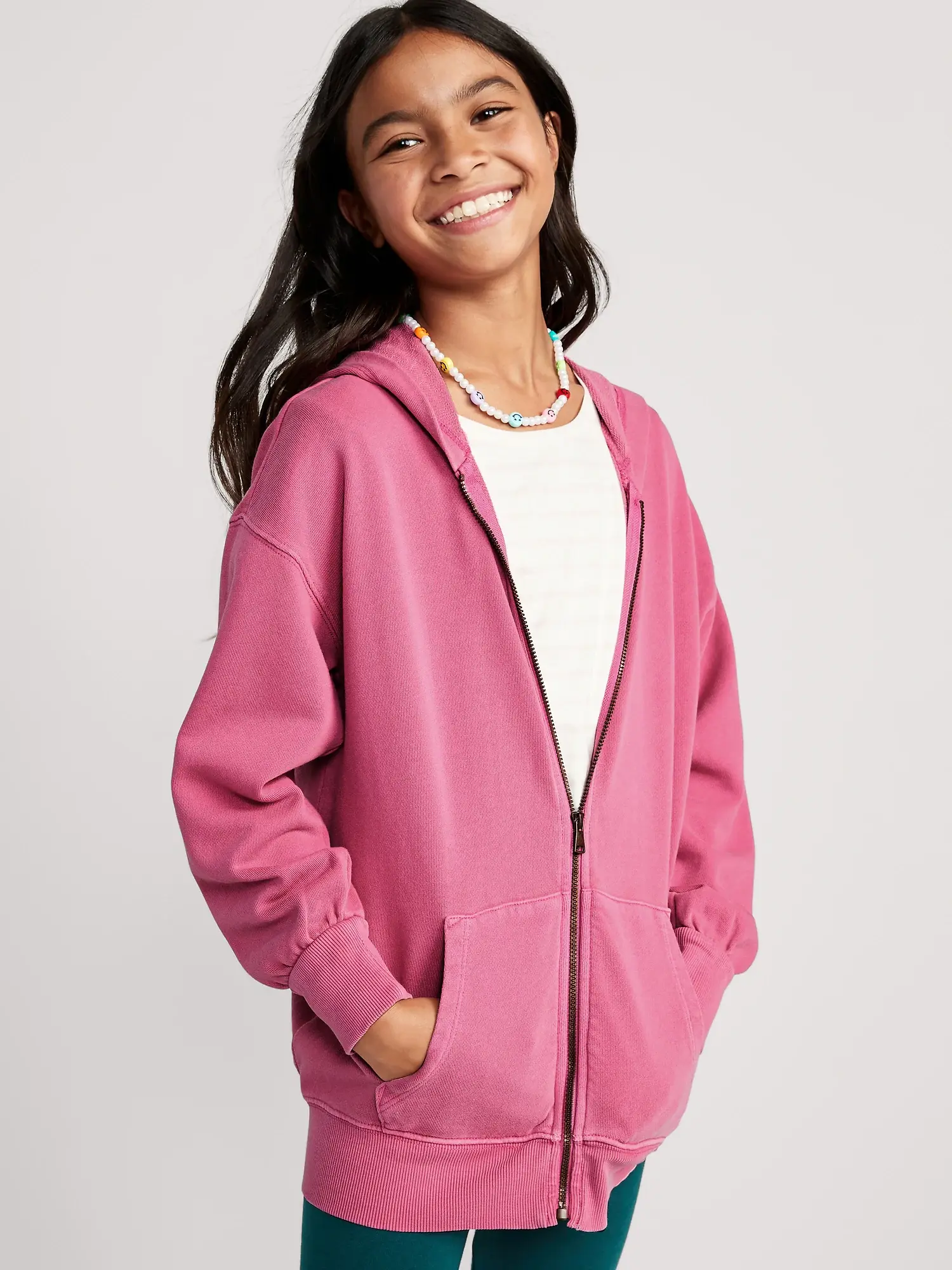 Old Navy French Terry Zip Tunic Hoodie for Girls pink. 1