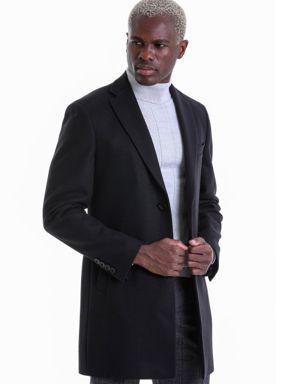 Siyah Slim Fit Düz Mono Yaka Yün Palto