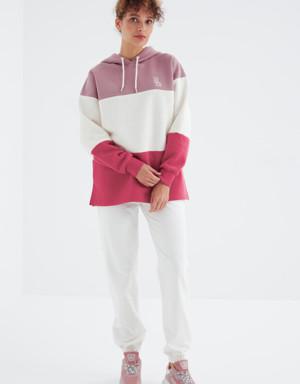 Gül Kurusu Renk Bloklu Nakışlı Kapüşonlu Oversize Kadın Sweatshirt - 97247