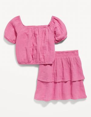 Double-Weave Cropped Puff-Sleeve Top & Tiered Skirt Set for Girls pink