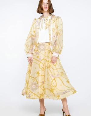 Hooded Patterned Organza Jacket With Ribband Detail At The Hem And Cuffs