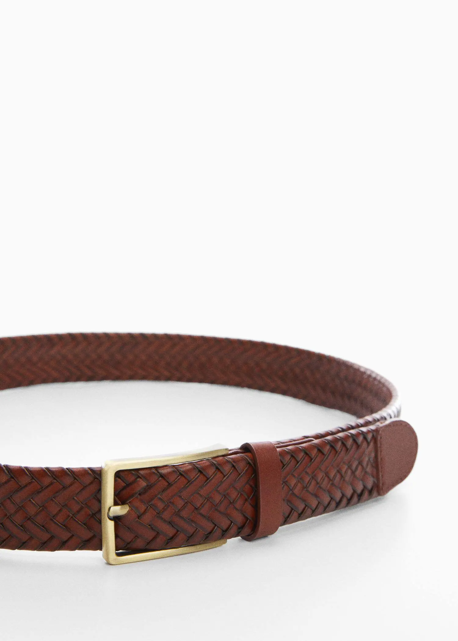 Mango Braided leather belt. a close-up of a brown leather belt with a gold buckle. 