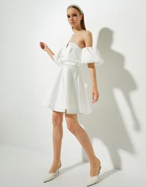 Bridal Mini Abiye Elbise Omzu Açık Taş Detaylı
