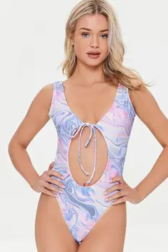 Forever 21 Forever 21 Marble Cutout One Piece Swimsuit Light Aqua/Multi. 2
