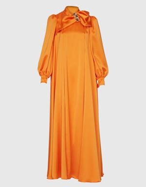 Embroidered And Bow Detailed Balloon Sleeve Maxi Length Satin Orange Dress