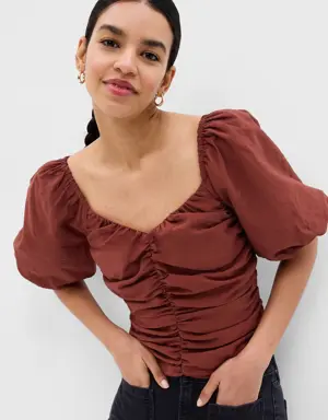 Puff Sleeve Ruched Top brown