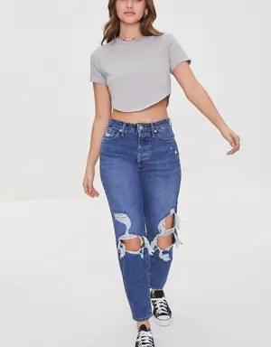 Forever 21 Recycled Cotton Distressed Mom Jeans Dark Denim