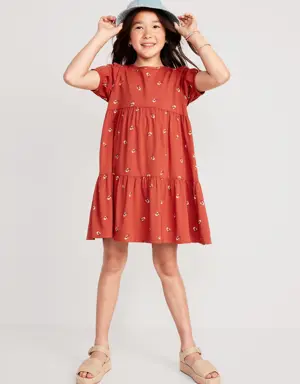 Puff-Sleeve Printed Swing Dress for Girls brown