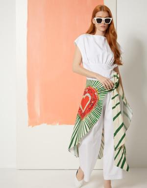 Printed Poplin White Trousers with Pareo Detail