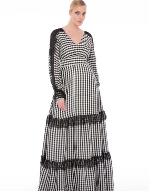 Lace Detailed V-Neck Long Plaid Black-White Dress