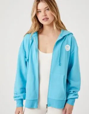 Forever 21 Happy Face Zip Up Hoodie Blue/Multi