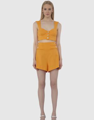 Metallic Button Detailed Yüksel Waist Orange Shorts