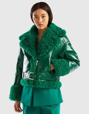biker jacket in imitation leather and faux fur