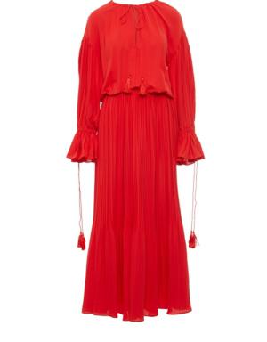 Red Pleated Dress With Tassel And Cord Accessories