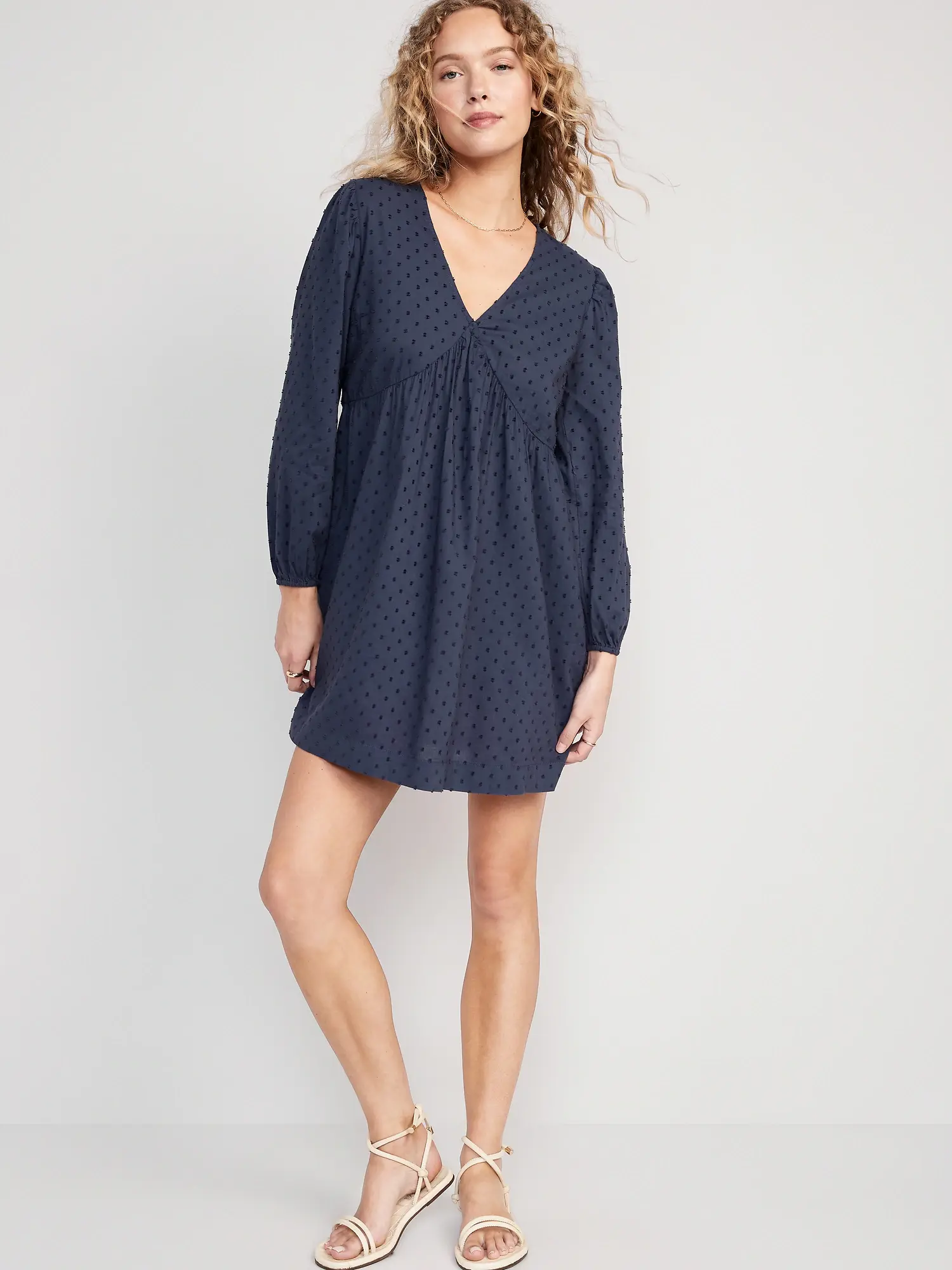 Old Navy Long-Sleeve V-Neck Clip-Dot Mini Swing Dress for Women blue. 1