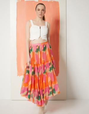 Patterned Asymmetric Shirred Fuchsia Skirt