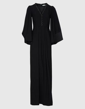 Slit Cape Sleeves Embroidered Detailed Long Black Dress
