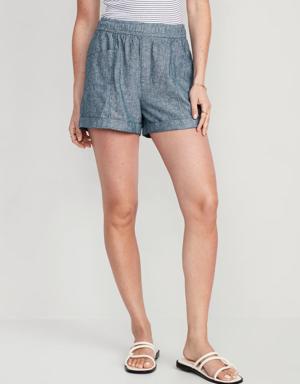 High-Waisted Linen-Blend Chambray Shorts for Women -- 3.5-inch inseam blue