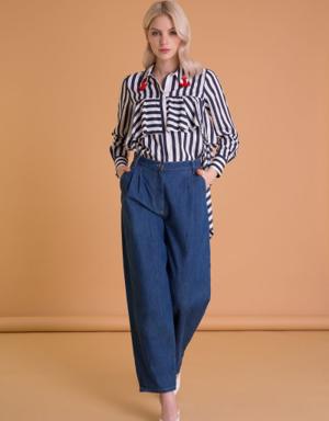 Wide Cut Pleated Blue Jeans