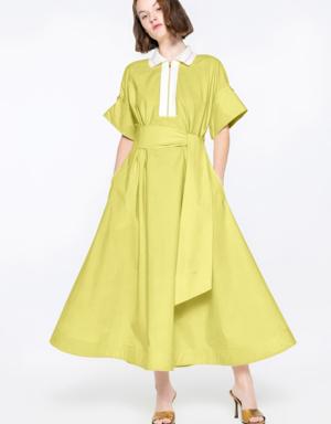 Yellow Dress With a Front Zipper With a Belt With Clip Detail On The Sleeve