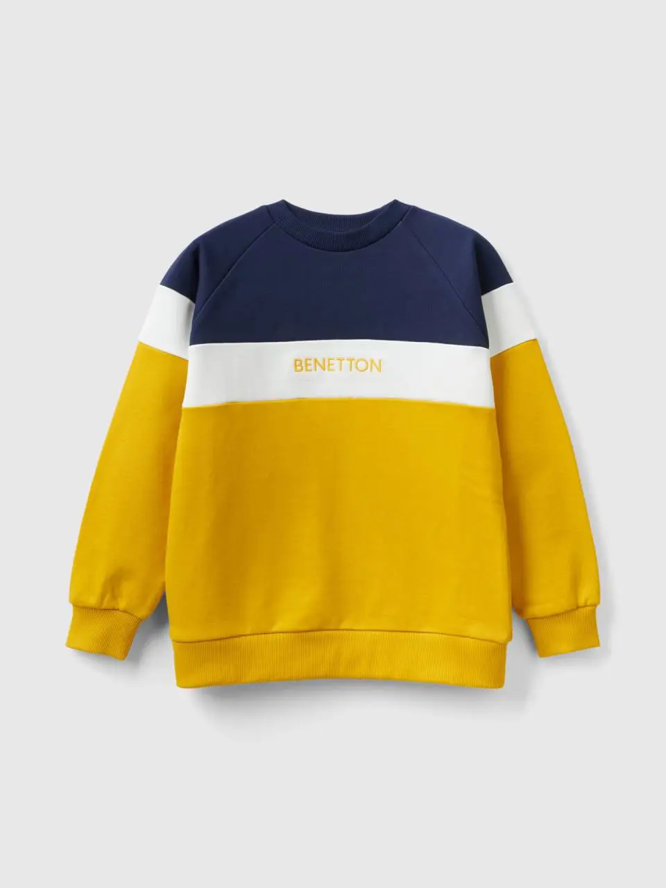 Benetton yellow ochre and dark blue sweatshirt with embroidered logo