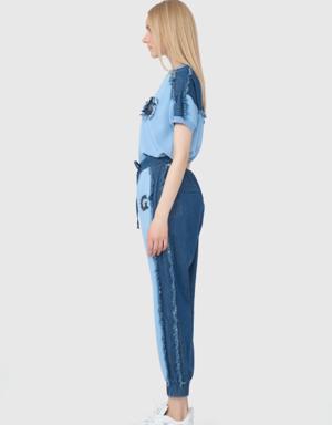 Contrast Jean Detailed Embroidery Blue Blouse