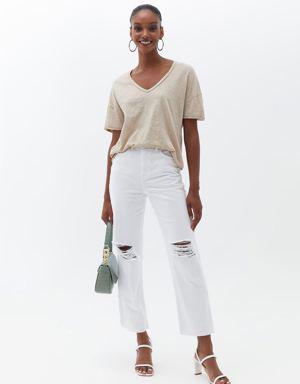 Beyaz Ultra Yüksek Bel Straight-Fit Pantolon
