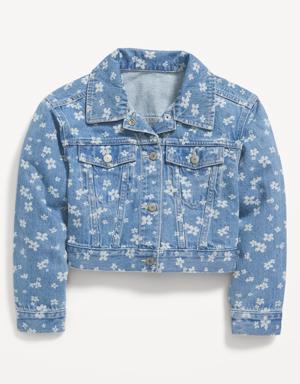 Cropped Floral-Print Jean Trucker Jacket for Girls blue